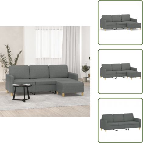 The Living Store Divano a 3 Posti con Poggiapiedi Grigio Scuro 180cm in Tessuto - Poggiapiedi