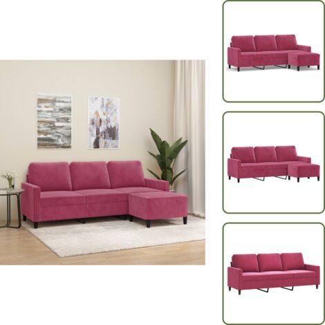 The Living Store Divano a 3 Posti con Poggiapiedi Rosso Vino 180 cm in Velluto - Poggiapiedi