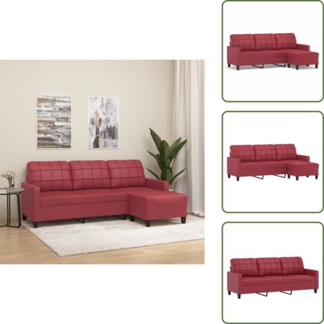 The Living Store Divano a 3 Posti con Poggiapiedi Rosso Vino 180cm in Similpelle - Poggiapiedi