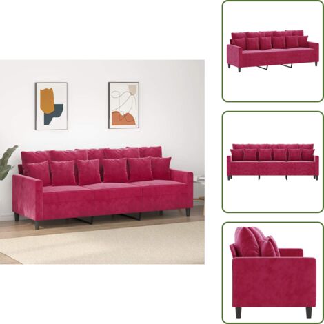The Living Store Divano a 3 Posti Rosso Vino 180 cm in Velluto - Divano in velluto