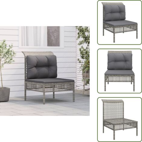 The Living Store Divano Centrale da Giardino con Cuscino in Polyrattan Grigio - Seduta da giardino