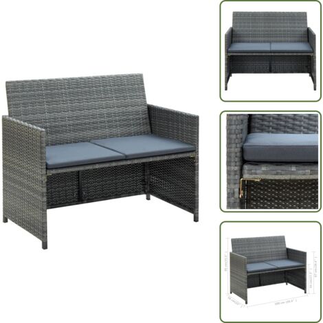 The Living Store Divano da Giardino a 2 Posti con Cuscini Grigio in Polyrattan - Divano da esterno