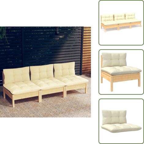 The Living Store Divano da Giardino a 3 Posti con Cuscini Crema Massello di Pino - Divano da esterno