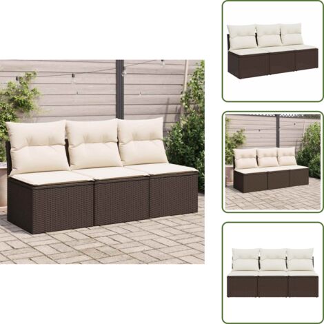 The Living Store Divano da Giardino a 3 Posti con Cuscini in Polyrattan Marrone - Divano a 3 posti