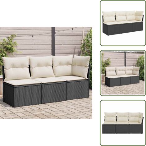 The Living Store Divano da Giardino a 3 Posti con Cuscini Nero in Polyrattan - Seduta angolare