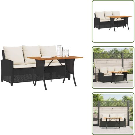 The Living Store Divano da Giardino a 3 Posti Cuscini&Tavolo Nero in Polyrattan - Tavolo da pranzo esterno