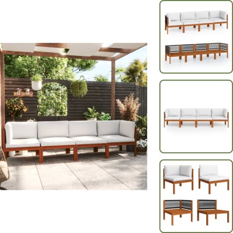 The Living Store Divano da giardino a 4 posti con cuscino in legno di acacia e corda - Divano in legno