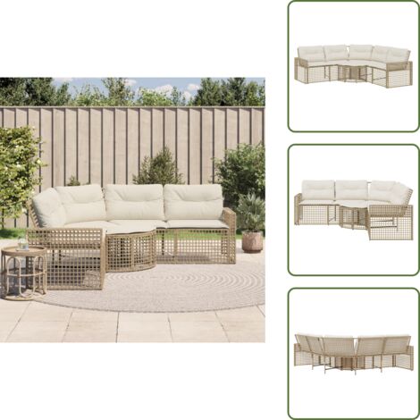 The Living Store Divano da Giardino a L con Cuscini e Pouf Beige in Polyrattan - Divano a forma di L