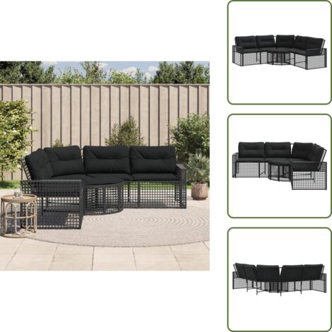 The Living Store Divano da Giardino a L con Cuscini e Pouf Nero in Polyrattan - Divano a forma di L