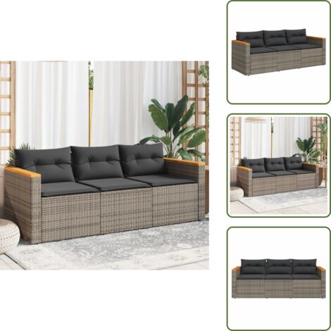 The Living Store Divano da Giardino con Cuscini 3 Posti Grigio in Polyrattan - Divano da esterno