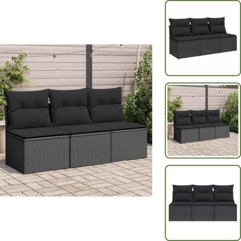 The Living Store Divano da giardino con cuscini 3 posti nero in polyrattan - Divano a 3 posti