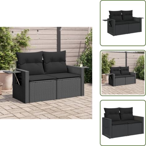 The Living Store Divano da Giardino con Cuscini a 2 Posti Nero in Polyrattan - Divano da esterno