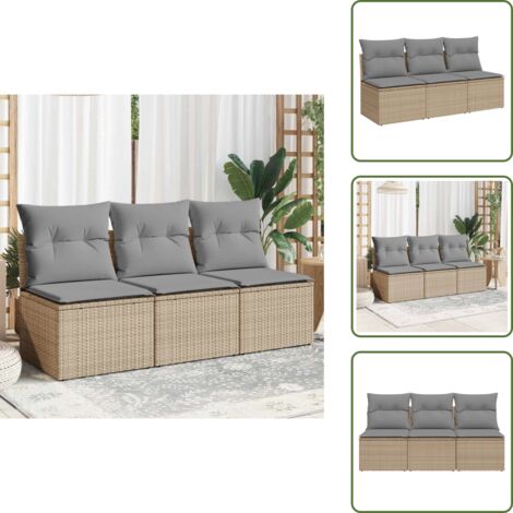 The Living Store Divano da Giardino con Cuscini a 3 Posti Beige in Polyrattan - Cuscini da seduta