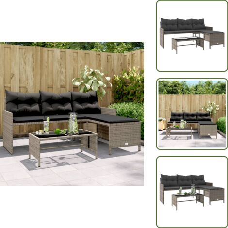 The Living Store Divano da Giardino con Tavolo e Cuscini a L Grigio Polyrattan - Tavolino da giardino