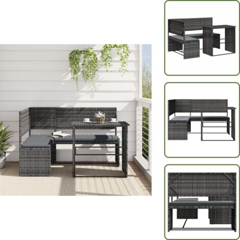 The Living Store Divano da Giardino con Tavolo e Cuscini a L Grigio Polyrattan - Tavolo da giardino pieghevole