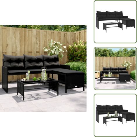 The Living Store Divano da Giardino con Tavolo e Cuscini a L Nero in Polyrattan - Tavolino da giardino