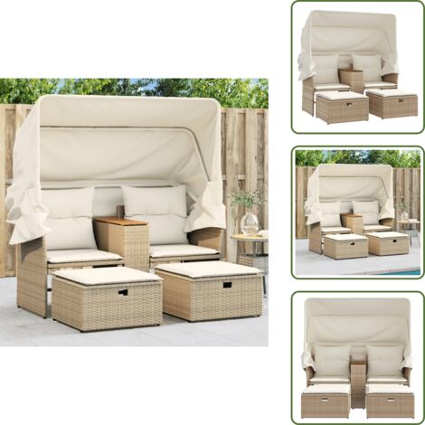 The Living Store Divano Giardino 2 Posti Baldacchino e Sgabelli Beige Polyrattan - Divano da esterno