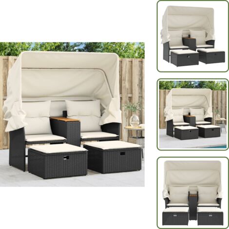 The Living Store Divano Giardino 2 Posti Baldacchino e Sgabelli Nero Polyrattan - Divano da esterno