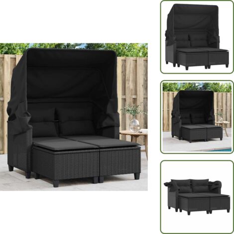 The Living Store Divano Giardino 2 Posti Baldacchino e Sgabelli Nero Polyrattan - Sgabello da giardino