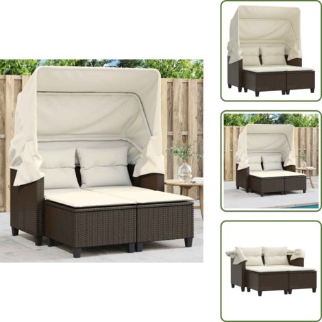 The Living Store Divano Giardino 2 Posti Baldacchino Sgabelli Marrone Polyrattan - Sgabello da giardino