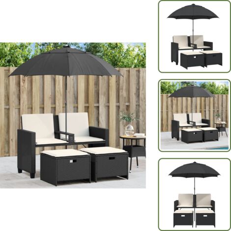 The Living Store Divano Giardino 2 Posti Ombrellone e Sgabelli Nero Polyrattan - Ombrellone da giardino
