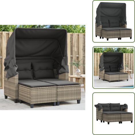 The Living Store Divano Giardino 2 Posti Tetto Sgabelli Grigio Chiaro Polyrattan - Sgabello da giardino