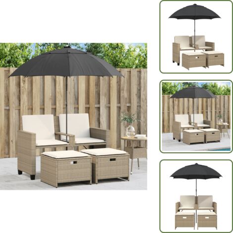 The Living Store Divano Giardino 2Posti Ombrellone e Sgabelli Beige Polyrattan - Ombrellone da giardino