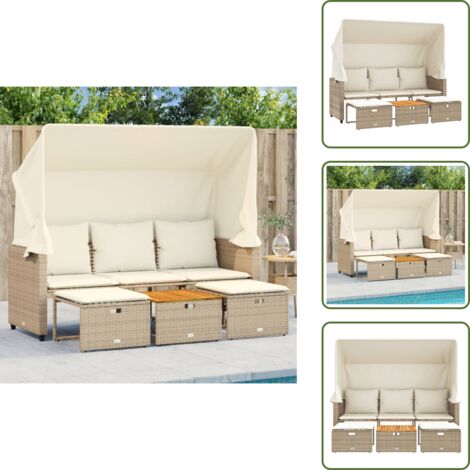 The Living Store Divano Giardino 3 Posti Baldacchino e Sgabelli Beige Polyrattan - Divano con baldacchino