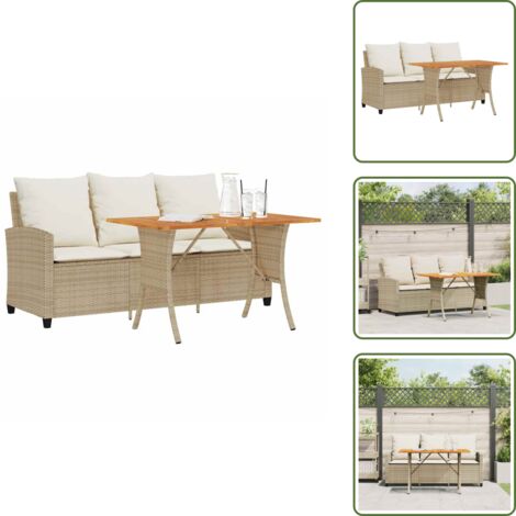The Living Store Divano Giardino 3 Posti con Cuscini e Tavolo Beige Polyrattan - Tavolo da pranzo