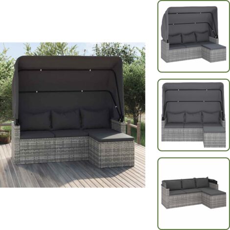 The Living Store Divano Giardino 3 Posti Tetto e Poggiapiedi Grigio Polyrattan - Divano a 3 posti