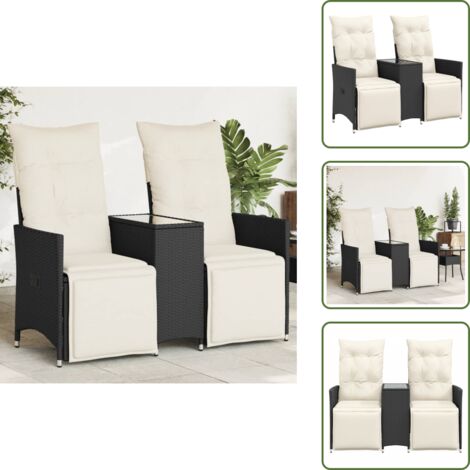 The Living Store Divano Giardino Reclinabile 2Posti con Tavolino Nero Polyrattan - Tavolino da giardino