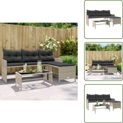 The Living Store Divano Giardino Tavolo e Cuscini a L Grigio Chiaro Polyrattan - Tavolino da giardino