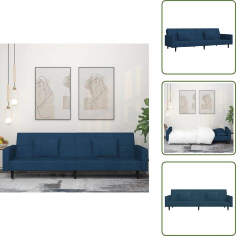 The Living Store Divano Letto a 2 Posti con 2 Cuscini Blu in Velluto - Divano letto a 2 posti
