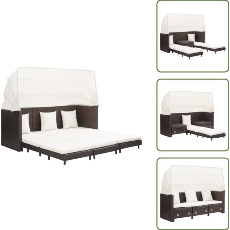 The Living Store Divano Letto a 3 Posti Estendibile con Tetto Polyrattan Marrone - Divano letto estendibile