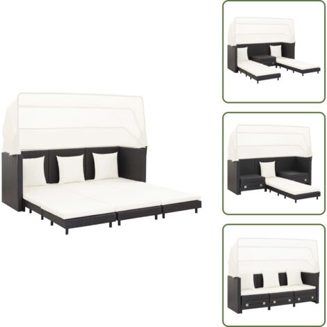 The Living Store Divano Letto a 3 Posti Estendibile con Tetto Polyrattan Nero - Divano letto estendibile