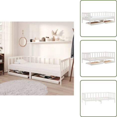 The Living Store Divano Letto con Cassetti 90x200 cm Bianco in Massello di Pino - Letto in legno