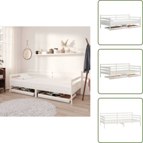 The Living Store Divano Letto con Cassetti 90x200 cm Bianco in Massello di Pino - Letto multifunzionale