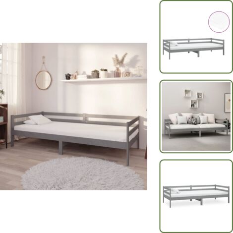 The Living Store Divano Letto con Materasso 90x200 cm Grigio in Legno di Pino - Materasso in schiuma