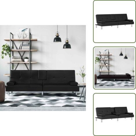 The Living Store Divano Letto con Portabicchieri in Similpelle Nero - Divano con schienale regolabile