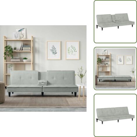 The Living Store Divano Letto con Portabicchieri in Velluto Grigio Chiaro - Divano con portabicchieri