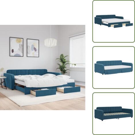 The Living Store Divano Letto Estraibile con Cassetti Blu 100x200 cm in Velluto - Letto da giorno
