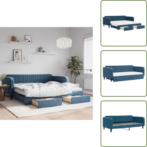 The Living Store Divano Letto Estraibile con Cassetti Blu 100x200 cm in Velluto - Letto da giorno