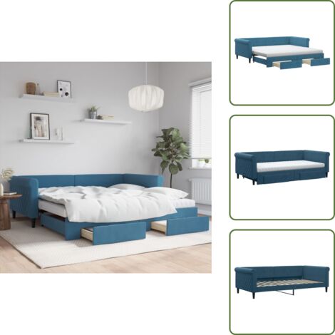 The Living Store Divano Letto Estraibile con Cassetti Blu 100x200 cm in Velluto - Letto da giorno
