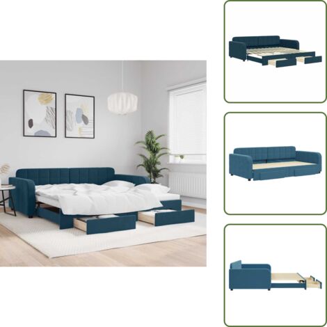 The Living Store Divano Letto Estraibile con Cassetti Blu 100x200 cm in Velluto - Letto estraibile