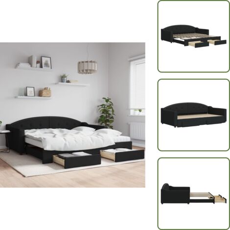 The Living Store Divano Letto Estraibile con Cassetti Nero 100x200 cm in Tessuto - Letto da giorno