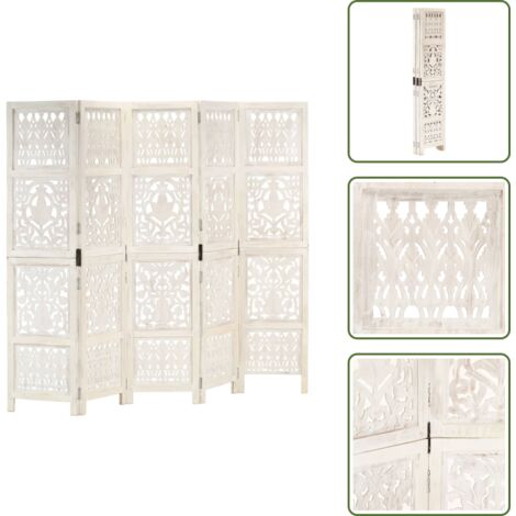 The Living Store Divisorio 5 Pannelli Intagliato Bianco 200x165cm Mango Massello - Divisore per stanza