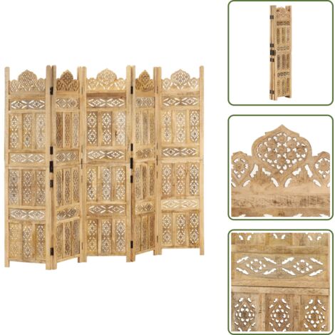 The Living Store Divisorio a 5 Pannelli Intagliato 200x165cm Massello di Mango - Divisore in legno