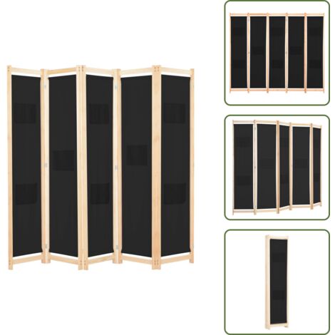 The Living Store Divisorio a 5 Pannelli Nero 200x170x4 cm in Tessuto - Divisore in tessuto