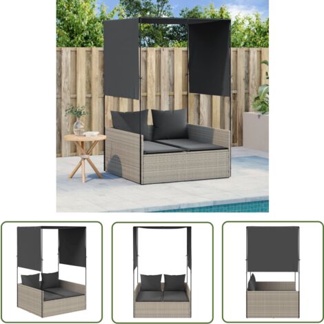 The Living Store Doppel-Sonnenliege mit Dach und Vorhängen Hellgrau Poly Rattan - Doppel-Sonnenliege - Gartenliege - Poolliege - Outdoor Möbel - Lounge Set