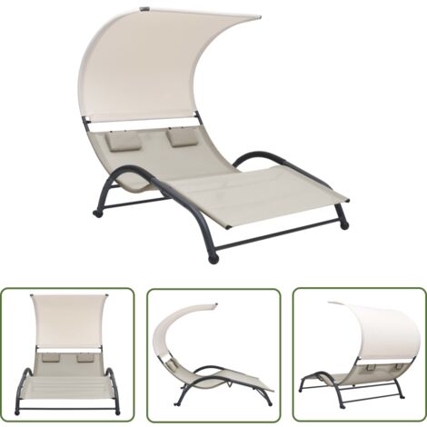 The Living Store Doppel-Sonnenliege mit Sonnendach Textilene Creme - Doppel Liege - Sonnenliege - Gartenliege - Textilene Liege - Stahleinrichtung